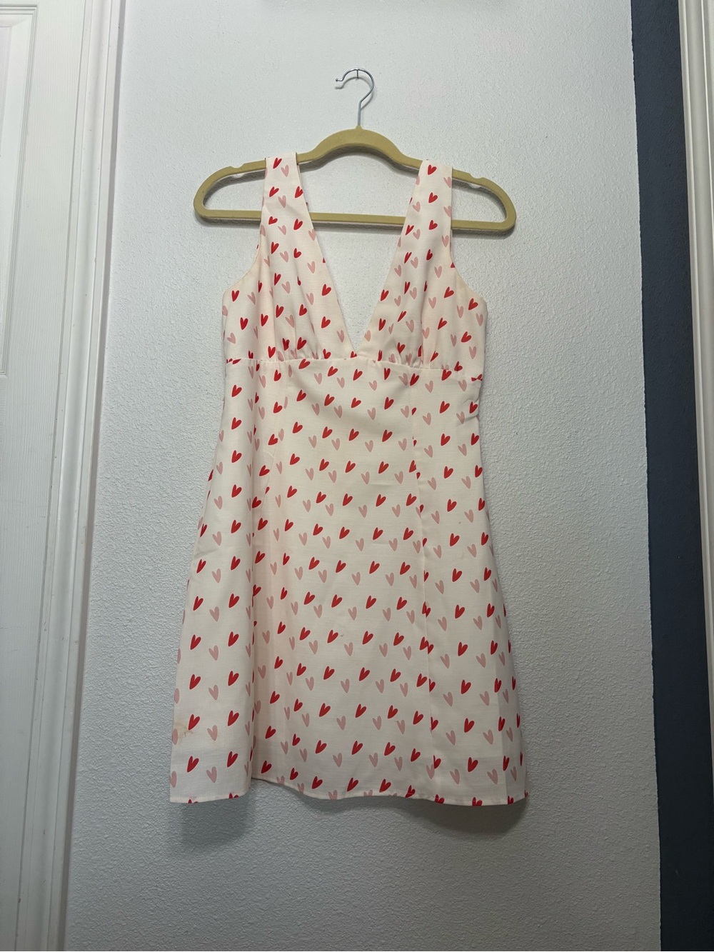 White Mini Dress with Red Heart Print - V-Neck